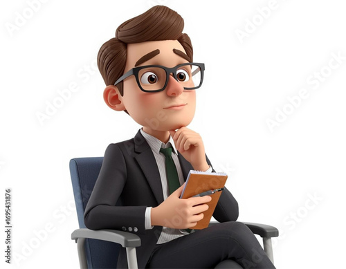 3D Cartoon Character Sitting with Notebook and Pen on White Background  
