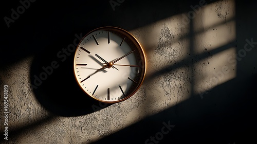 Wallpaper Mural Retro wall clock illuminated by warm golden light casting dramatic shadow on minimalist concrete wall, spacious moody composition perfect for home interior design, decoration, and creative styling. Torontodigital.ca