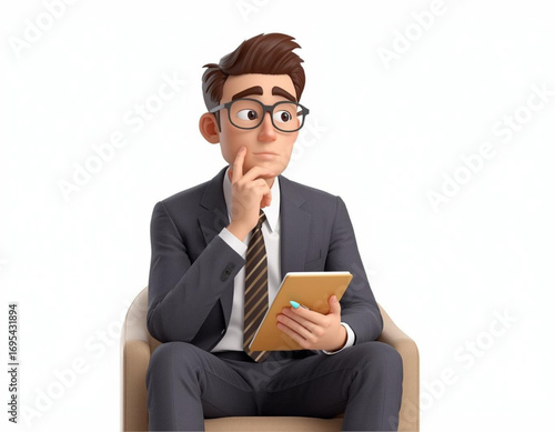 3D Cartoon Character Sitting with Notebook and Pen on White Background  
