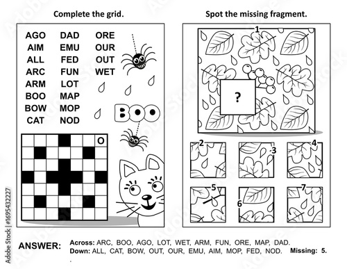 Halloween activity page with two puzzles. Fill-in crossword puzzle or word game. Spot the missing fragment of autumn leaves patten. Black and white. Answers included.

