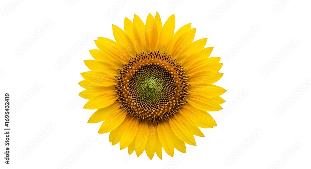 Fototapeta premium A vibrant sunflower displays its bright yellow petals against a pure white background.