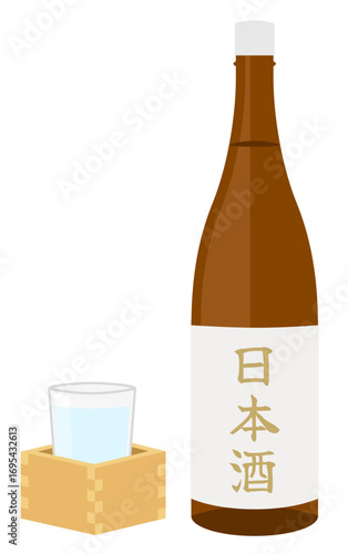日本酒の瓶・一升瓶と枡酒・ます酒　sake　bottle of sake　Japanese sake茶色