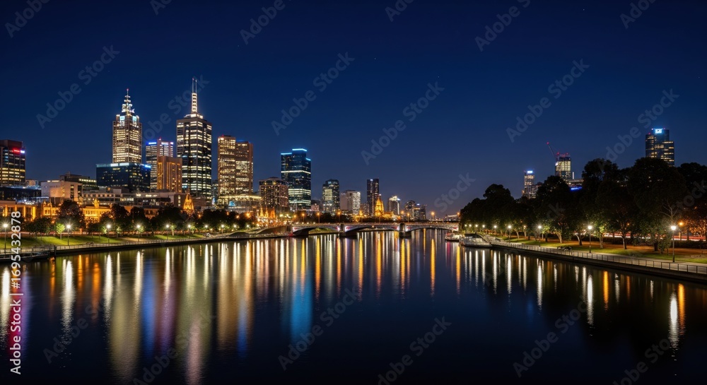 Obraz premium City skyline at night reflected in a river