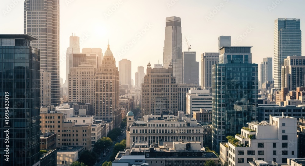 Obraz premium Cityscape panorama, urban architecture, sunrise glow