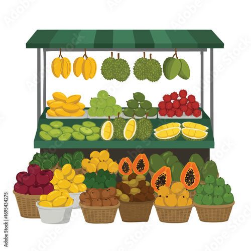 Vibrant flat 2D vector illustration of a fruit market stall with fresh mangoes, durians, papayas, and rambutan, neatly piled in baskets on a white background.