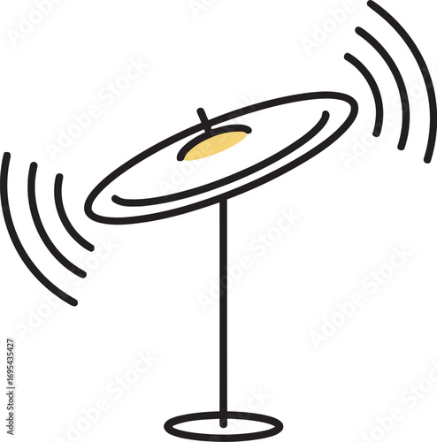 A stylized illustration of a cymbal on a stand, shown vibrating with sound waves emanating from it.