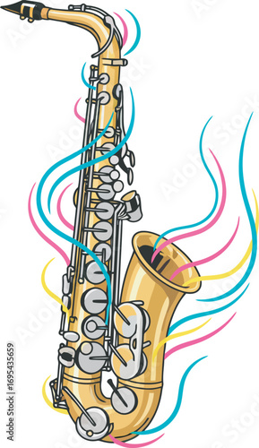 A stylized illustration of a golden saxophone surrounded by colorful musical notes.