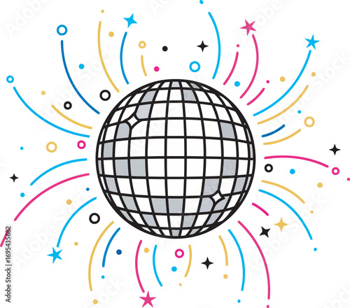 A disco ball explodes with colorful celebratory fireworks, symbolizing festive joy and vibrant energy.