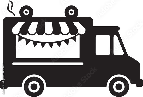 Simple black and white graphic of a food truck with a striped awning and festive decorations.
