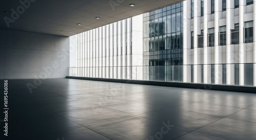 Empty modern architectural balcony overlooking city skyscrapers.  Spacious, minimalist, and sleek concrete floor