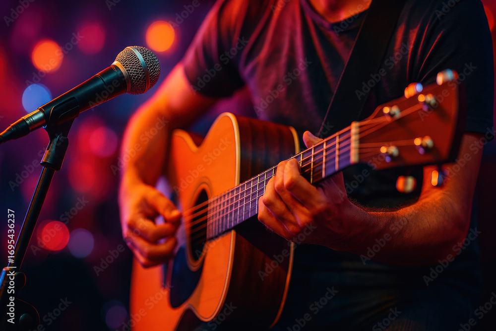 Obraz premium Acoustic guitar player performing live with microphone in dimly lit music venue