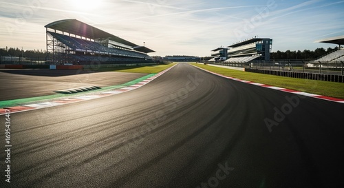 Empty race track with grandstands under sunny sky