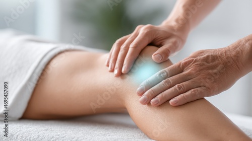 Knee pain relief therapeutic massage at wellness center in a relaxing healing environment