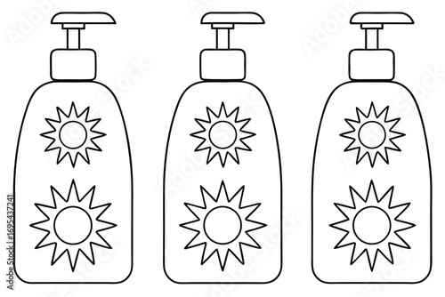 Three black lotion bottles with sun icons pump dispenser