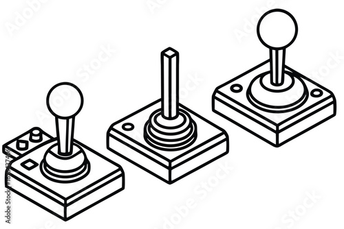 Three isometric line art joysticks retro vintage