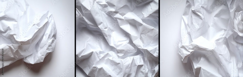Fototapeta premium Three panels of textured, crumpled white paper with dramatic lighting highlighting the irregular surface