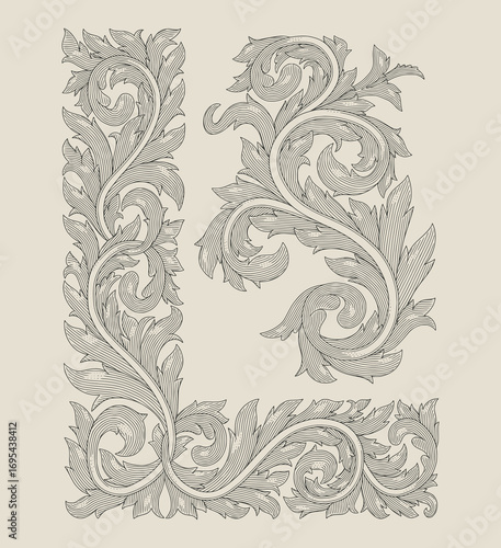 L initial alphabet in floral ornament shape and abstract ornament, Vintage engraving drawing style illustration