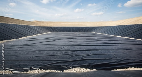 Large-scale, engineered containment basin lined with dark synthetic material