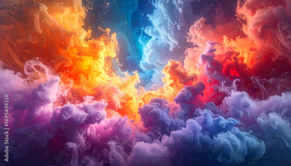Fototapeta premium Dynamic Swirls of Multicolored Vapors Forming an Ethereal Abstract Background, Showcasing Vibrant Hues of Orange, Blue, and Purple in a Captivating Cloudscape
