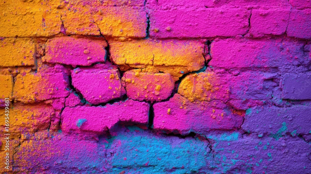 Obraz premium Close-up of a cracked brick wall vividly painted with bright pink, yellow, purple, and blue colors