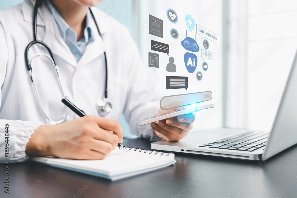 Futuristic concept of smart AI chatbot is healthcare by assisting doctor, supporting medical customer services robotic chat system powered by artificial intelligence in modern health care, medicine. Futuristic concept of smart AI chatbot is healthcare by assisting doctor, supporting medical customer services robotic chat system powered by artificial intelligence in modern health care, medicine.