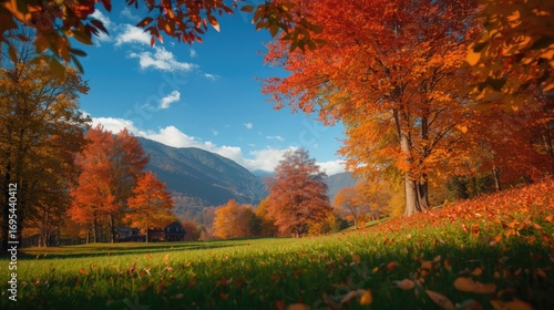 A vibrant autumn scene unfolds with brilliant fall foliage adorning trees against a backdrop of rolling hills and a clear blue sky.
