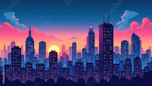A vibrant cityscape panorama at sunrise, showcasing towering buildings outlined against a pastel-hued sky filled with clouds.