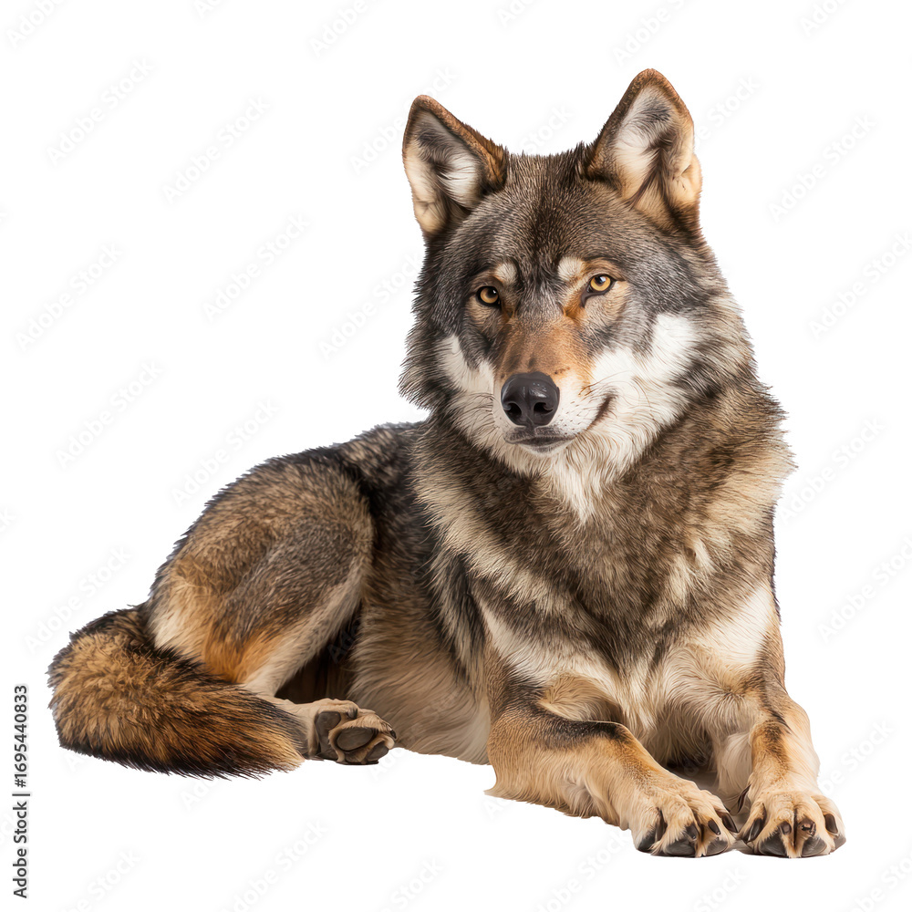 Obraz premium Wolf resting A wolf lies down or sits with its tail wrapped around its body, eyes relaxed. full length isolate on transparent background