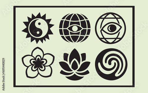 Collection of mystical and spiritual symbols in black and white