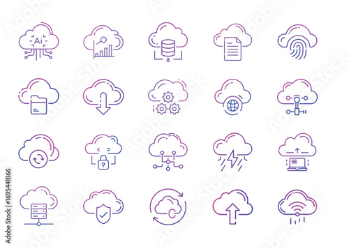 Gradient cloud Services Icons Set – Cloud Storage, Security, Networking, Database, Analytics Vector Collection