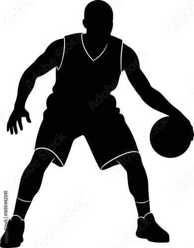 black silhouette of basketball player intense drive, powerful stance, ready to score, isolated on transparent background