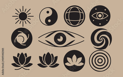 Collection of mystical and spiritual symbols in black and white