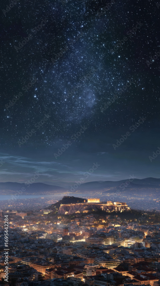 Fototapeta premium Epic Night Shot of Athens Under Starry Sky with Glowing Aura of Wisdom Illuminating the City in Cinematic 8K