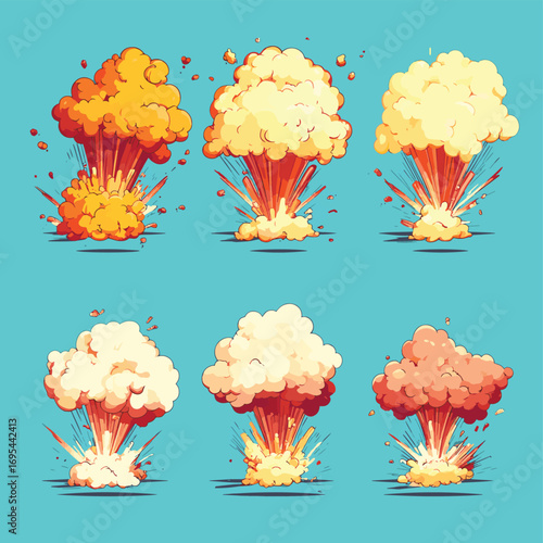 Explosion Sets with Six Various Explosions, each with varying stages of eruption , vector style simple color