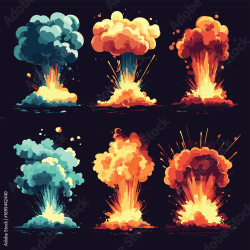 Explosion Sets with Six Various Explosions, each with varying stages of eruption , vector style simple color