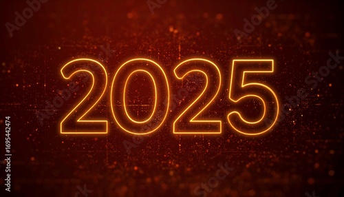 Illuminated 2025 Digital Number on a futuristic Particle Dark Red Background
