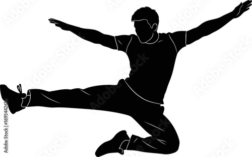 dynamic silhouette of a man in flight effortless leap, freedom, and joyful movement, isolated on transparent background