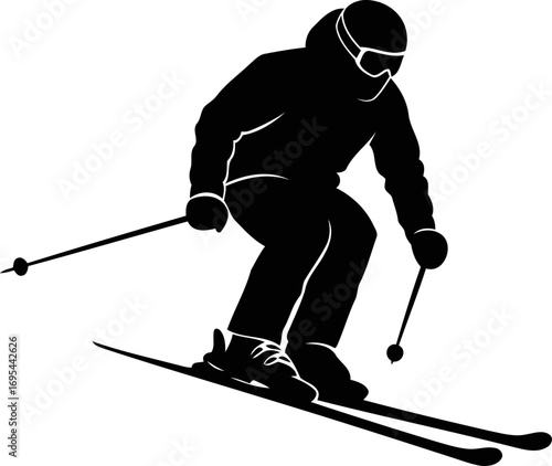dynamic ski silhouette thrilling descent, winter sports, snow action, powerful movement, alpine adventure, isolated on transparent background