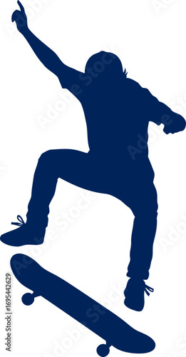 dynamic skateboard silhouette airborn ollie, urban freedom, adrenaline rush, isolated on transparent background