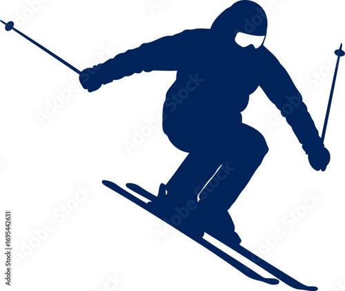 dynamic skier silhouette navy blue, alpine descent, thrilling speed, winter sports action, isolated on transparent background