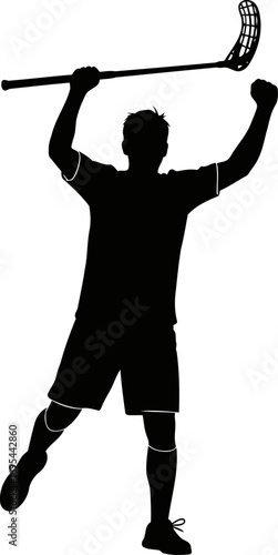 floorball player silhouette triumphant victory pose, celebratory jump, stick raised high, isolated on transparent background