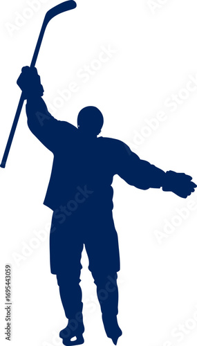 hockey player silhouette celebratory goal, triumphant pose, ice victory, isolated on transparent background