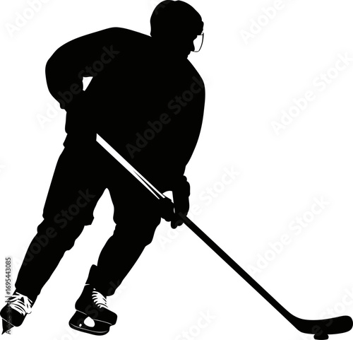 ice hockey player silhouette intense focus, powerful stride, frozen moment, isolated on transparent background