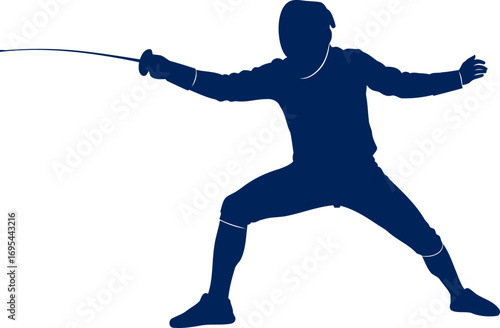intense fencing silhouette a masterful lunge, precision and power, elegant navy blue, isolated on transparent background