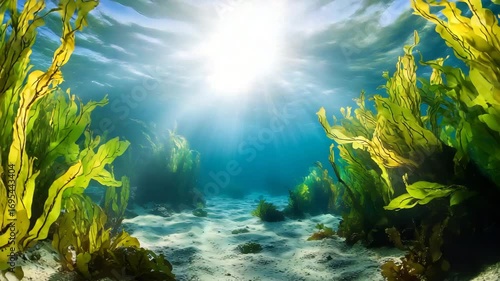 A tranquil underwater seascape with sun rays illuminating a vibrant green kelp forest