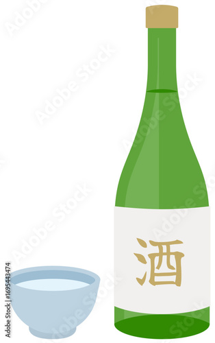 日本酒の瓶とおちょこ　sake　bottle of sake　Japanese sake緑瓶