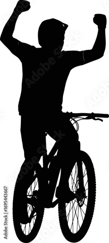 mountain biker silhouette triumphant pose, ecstatic celebration, peak achievement, isolated on transparent background