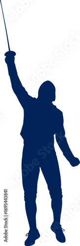 navy blue fencing silhouette a triumphant athletes upward thrust, graceful victory pose, isolated on transparent background