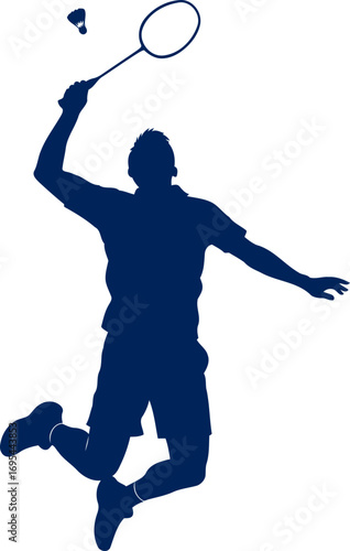 navy blue badminton silhouette dynamic serve, effortless power, aerial grace, intense focus, unwavering determination, championship game, isolated on transparent background