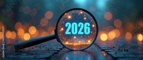 Magnifying glass focusing on 2026 with festive bokeh lights: exploring future business opportunities